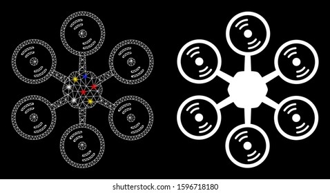 Glossy mesh multirotor icon with lightspot effect. Abstract illuminated model of multirotor. Shiny wire frame polygonal network multirotor icon. Vector abstraction on a black background.