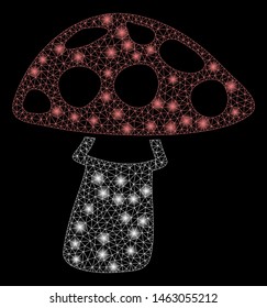 Glossy mesh mushroom with glare effect. Abstract illuminated model of mushroom icon. Shiny wire frame polygonal network mushroom. Vector abstraction on a black background.