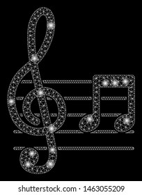 Glossy mesh musical notation with lightspot effect. Abstract illuminated model of musical notation icon. Shiny wire frame polygonal mesh musical notation. Vector abstraction on a black background.