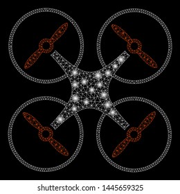 Glossy mesh nanocopter with glare effect. Abstract illuminated model of nanocopter icon. Shiny wire frame polygonal network nanocopter. Vector abstraction on a black background.
