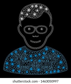 Glossy mesh nerd guy with glitter effect. Abstract illuminated model of nerd guy icon. Shiny wire frame triangular mesh nerd guy. Vector abstraction on a black background.