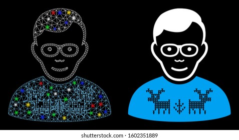 Glossy mesh nerd guy icon with glitter effect. Abstract illuminated model of nerd guy. Shiny wire frame polygonal mesh nerd guy icon. Vector abstraction on a black background.