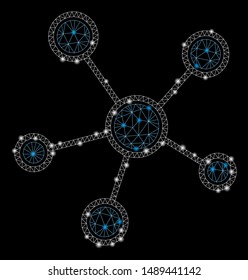 Glossy mesh network links with glare effect. Abstract illuminated model of network links icon. Shiny wire carcass triangular mesh network links. Vector abstraction on a black background.