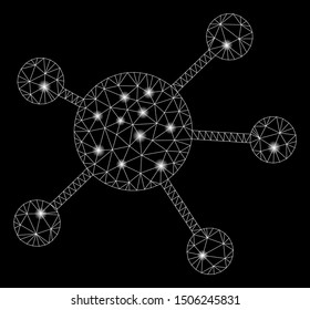 Glossy mesh network links with glow effect. Abstract illuminated model of network links icon. Shiny wire frame triangular network links. Vector abstraction on a black background.