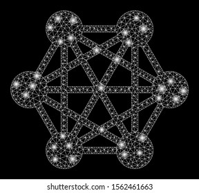 Glossy mesh network relations with lightspot effect. Abstract illuminated model of network relations icon. Shiny wire frame triangular mesh network relations. Vector abstraction on a black background.