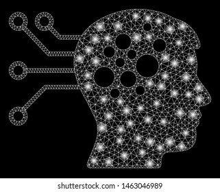 Glossy mesh neural computer links with lightspot effect. Abstract illuminated model of neural computer links icon. Shiny wire carcass triangular mesh neural computer links.