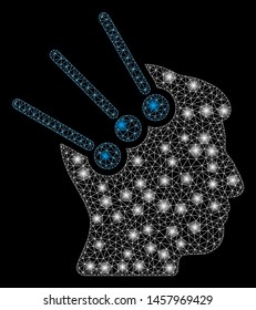 Glossy mesh neural interface connectors with glow effect. Abstract illuminated model of neural interface connectors icon. Shiny wire carcass polygonal network neural interface connectors.