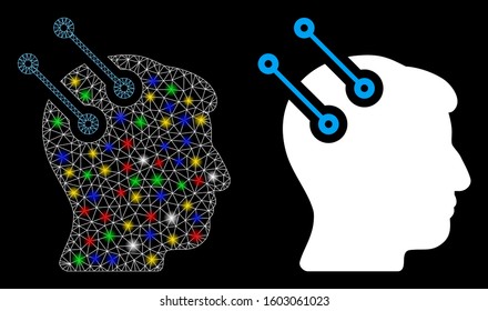 Glossy mesh neural interface connectors icon with glare effect. Abstract illuminated model of neural interface connectors. Shiny wire carcass triangular mesh neural interface connectors icon.