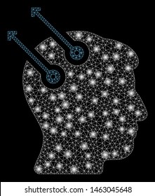 Glossy mesh neural interface plugs with glare effect. Abstract illuminated model of neural interface plugs icon. Shiny wire frame polygonal mesh neural interface plugs.