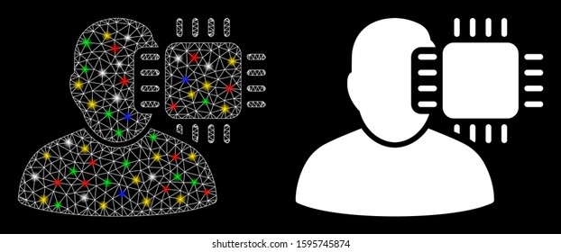 Glossy mesh neuro interface icon with sparkle effect. Abstract illuminated model of neuro interface. Shiny wire carcass polygonal mesh neuro interface icon. Vector abstraction on a black background.