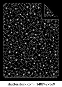 Glossy mesh new file with glare effect. Abstract illuminated model of new file icon. Shiny wire carcass triangular mesh new file. Vector abstraction on a black background.
