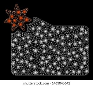 Glossy mesh new folder with glare effect. Abstract illuminated model of new folder icon. Shiny wire frame polygonal mesh new folder. Vector abstraction on a black background.