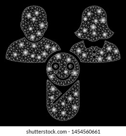 Glossy mesh newborn with glitter effect. Abstract illuminated model of newborn icon. Shiny wire carcass polygonal mesh newborn. Vector abstraction on a black background.