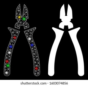 Glossy mesh nippers icon with glow effect. Abstract illuminated model of nippers. Shiny wire frame polygonal network nippers icon. Vector abstraction on a black background.