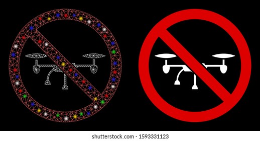 Glossy mesh no airdrone icon with sparkle effect. Abstract illuminated model of no airdrone. Shiny wire frame triangular mesh no airdrone icon. Vector abstraction on a black background.