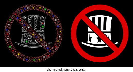 Glossy mesh no american hat icon with sparkle effect. Abstract illuminated model of no american hat. Shiny wire frame polygonal mesh no american hat icon. Vector abstraction on a black background.