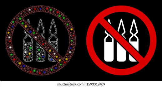 Glossy mesh no ampoules icon with glow effect. Abstract illuminated model of no ampoules. Shiny wire carcass polygonal mesh no ampoules icon. Vector abstraction on a black background.