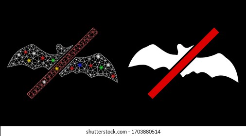 Glossy mesh no bats with lightspot effect. Abstract illuminated model of no bats icon. White wire carcass polygonal mesh no bats and base icon. Vector abstraction on a black background.