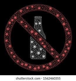 Glossy mesh no beer bottle with sparkle effect. Abstract illuminated model of no beer bottle icon. Shiny wire frame triangular mesh no beer bottle. Vector abstraction on a black background.