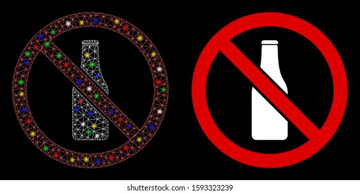 Glossy mesh no beer bottle icon with sparkle effect. Abstract illuminated model of no beer bottle. Shiny wire frame polygonal mesh no beer bottle icon. Vector abstraction on a black background.