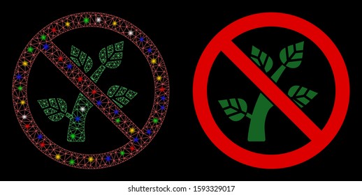 Glossy mesh no botany icon with glow effect. Abstract illuminated model of no botany. Shiny wire frame triangular mesh no botany icon. Vector abstraction on a black background.