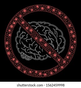 Glossy mesh no brain with glitter effect. Abstract illuminated model of no brain icon. Shiny wire carcass triangular mesh no brain. Vector abstraction on a black background.