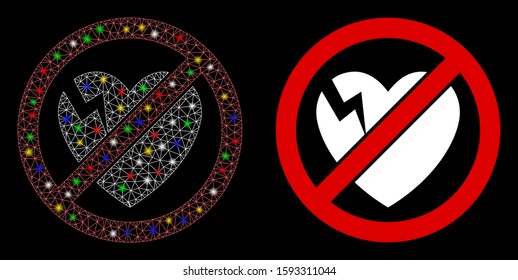 Glossy mesh no broken heart icon with glare effect. Abstract illuminated model of no broken heart. Shiny wire carcass polygonal mesh no broken heart icon. Vector abstraction on a black background.