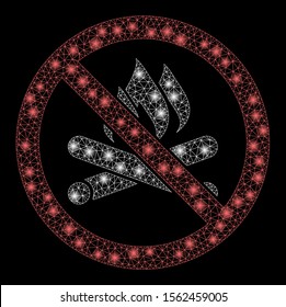 Glossy mesh no campfire with sparkle effect. Abstract illuminated model of no campfire icon. Shiny wire carcass triangular mesh no campfire. Vector abstraction on a black background.