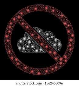 Glossy mesh no cloud with sparkle effect. Abstract illuminated model of no cloud icon. Shiny wire frame polygonal mesh no cloud. Vector abstraction on a black background.