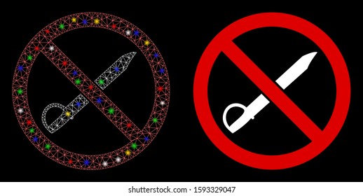 Glossy mesh no cold weapon icon with glitter effect. Abstract illuminated model of no cold weapon. Shiny wire carcass triangular mesh no cold weapon icon. Vector abstraction on a black background.