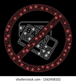 Glossy mesh no credit cards with sparkle effect. Abstract illuminated model of no credit cards icon. Shiny wire frame triangular mesh no credit cards. Vector abstraction on a black background.