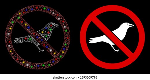 Glossy mesh no crow icon with lightspot effect. Abstract illuminated model of no crow. Shiny wire frame polygonal mesh no crow icon. Vector abstraction on a black background.