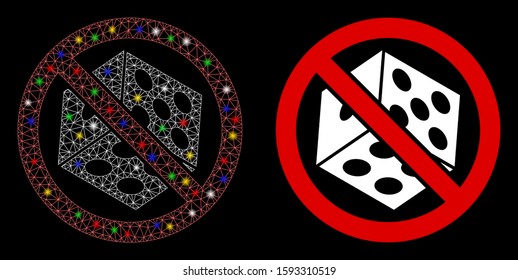 Glossy mesh no dice gambling icon with sparkle effect. Abstract illuminated model of no dice gambling. Shiny wire frame triangular mesh no dice gambling icon. Vector abstraction on a black background.