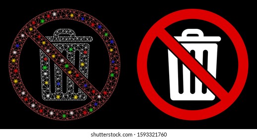 Glossy mesh no dustbin icon with sparkle effect. Abstract illuminated model of no dustbin. Shiny wire carcass polygonal mesh no dustbin icon. Vector abstraction on a black background.