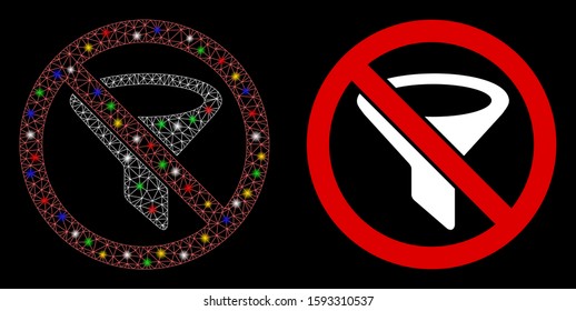 Glossy mesh no filter icon with glitter effect. Abstract illuminated model of no filter. Shiny wire frame polygonal mesh no filter icon. Vector abstraction on a black background.