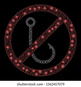 Glossy mesh no fishing hook with sparkle effect. Abstract illuminated model of no fishing hook icon. Shiny wire carcass polygonal mesh no fishing hook. Vector abstraction on a black background.