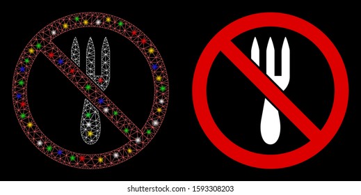 Glossy mesh no fork icon with glitter effect. Abstract illuminated model of no fork. Shiny wire frame polygonal network no fork icon. Vector abstraction on a black background.