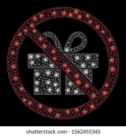 Glossy mesh no gifts with sparkle effect. Abstract illuminated model of no gifts icon. Shiny wire carcass triangular mesh no gifts. Vector abstraction on a black background.