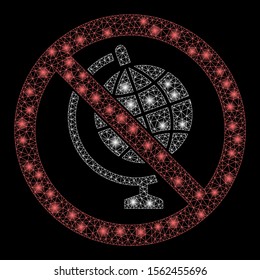 Glossy mesh no globe model with glare effect. Abstract illuminated model of no globe model icon. Shiny wire carcass polygonal mesh no globe model. Vector abstraction on a black background.