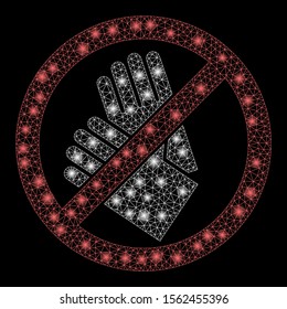 Glossy mesh no gloves with glare effect. Abstract illuminated model of no gloves icon. Shiny wire frame triangular mesh no gloves. Vector abstraction on a black background.
