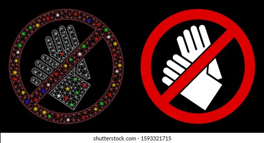 Glossy mesh no gloves icon with glitter effect. Abstract illuminated model of no gloves. Shiny wire frame polygonal mesh no gloves icon. Vector abstraction on a black background.