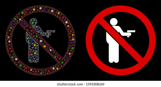 Glossy mesh no gun using icon with glow effect. Abstract illuminated model of no gun using. Shiny wire frame triangular mesh no gun using icon. Vector abstraction on a black background.