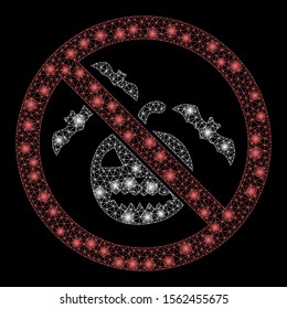 Glossy mesh no Halloween with glow effect. Abstract illuminated model of no Halloween icon. Shiny wire carcass polygonal mesh no Halloween. Vector abstraction on a black background.