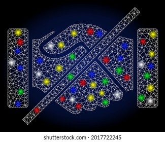 Glossy mesh no handshakes with lightspot effect. Abstract illuminated vector model of no handshakes icon on a dark blue gradiented background. White wire carcass polygonal mesh no handshakes.