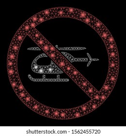 Glossy mesh no helicopter with glitter effect. Abstract illuminated model of no helicopter icon. Shiny wire frame polygonal mesh no helicopter. Vector abstraction on a black background.