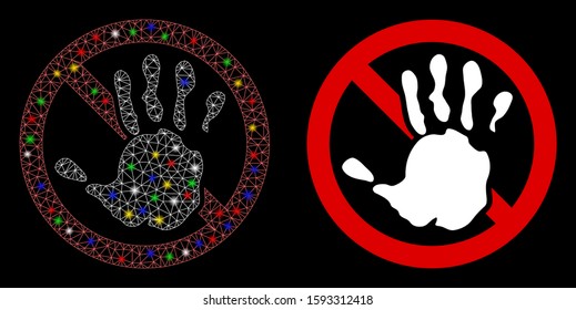 Glossy mesh no icon with lightspot effect. Abstract illuminated model of no. Shiny wire carcass triangular network no icon. Vector abstraction on a black background.