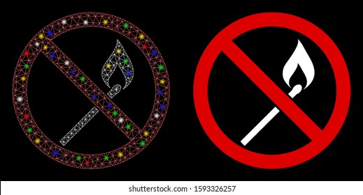 Glossy mesh no ignite match icon with glow effect. Abstract illuminated model of no ignite match. Shiny wire carcass polygonal network no ignite match icon. Vector abstraction on a black background.