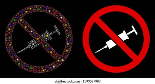 Glossy mesh no injection icon with sparkle effect. Abstract illuminated model of no injection. Shiny wire carcass triangular mesh no injection icon. Vector abstraction on a black background.
