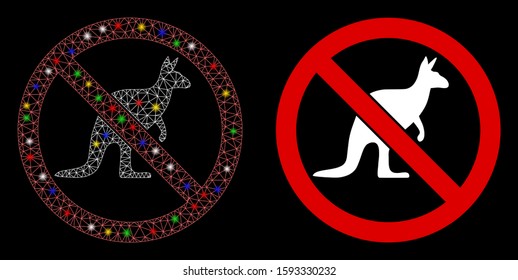 Glossy mesh no kangaroo icon with lightspot effect. Abstract illuminated model of no kangaroo. Shiny wire carcass polygonal network no kangaroo icon. Vector abstraction on a black background.