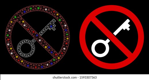 Glossy mesh no key icon with lightspot effect. Abstract illuminated model of no key. Shiny wire frame polygonal mesh no key icon. Vector abstraction on a black background.